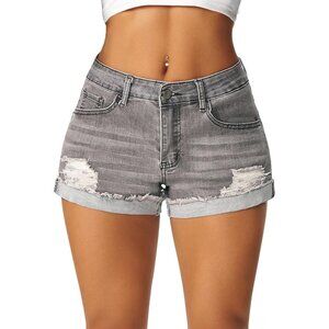 Women's Ripped Mid Rise Stretch Denim Shorts with Rolled Hem and Distressed Deta